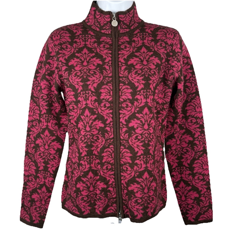 Neve Designs Full 2-Way Zip 100% Wool Sweater Nordic Brown/Pink Print Size Small